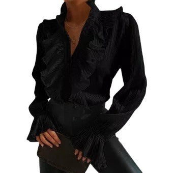 New ruffled flared sleeve pleated long sleeved shirt
