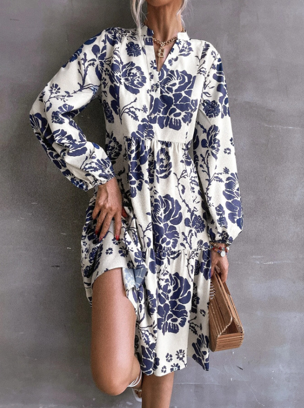 Autumn new style women's elegant temperament, elegant wind lapel long-sleeved floral midi dress