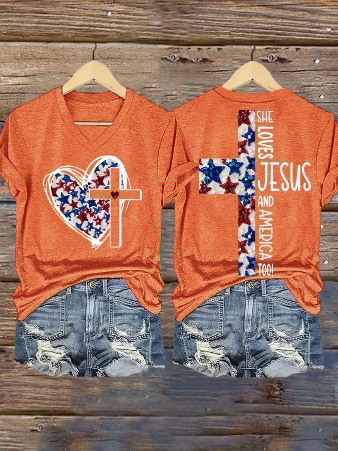 Women's She Jesus And Love America Too!  Print V-Neck T-Shirt