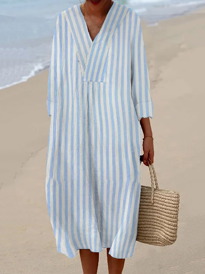 Women's Casual Cotton And Linen Striped Long-Sleeved Dress