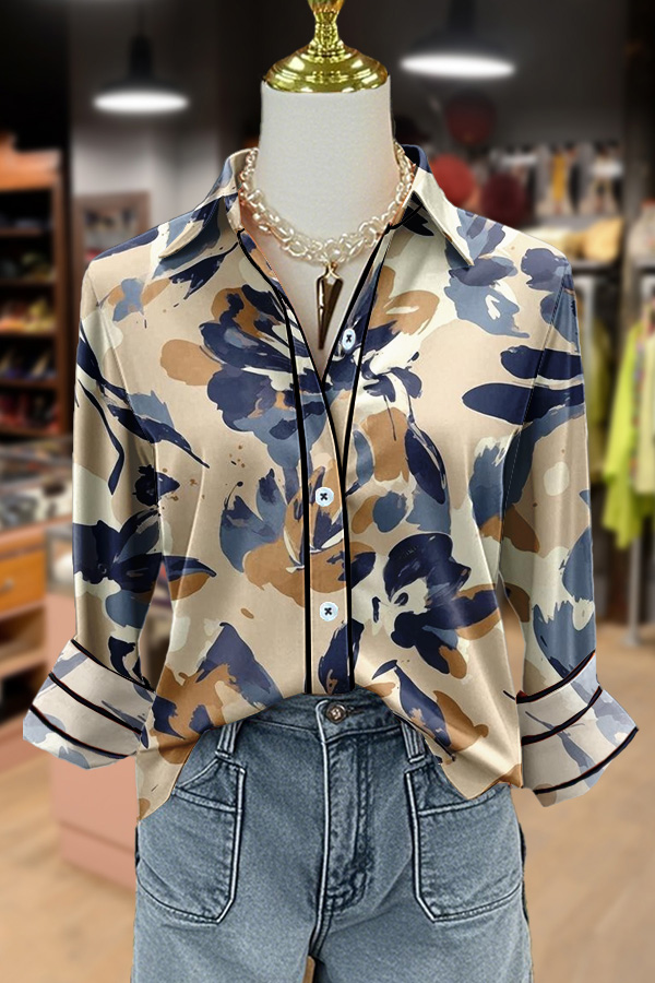 Abstract Floral Print Collared Blouse