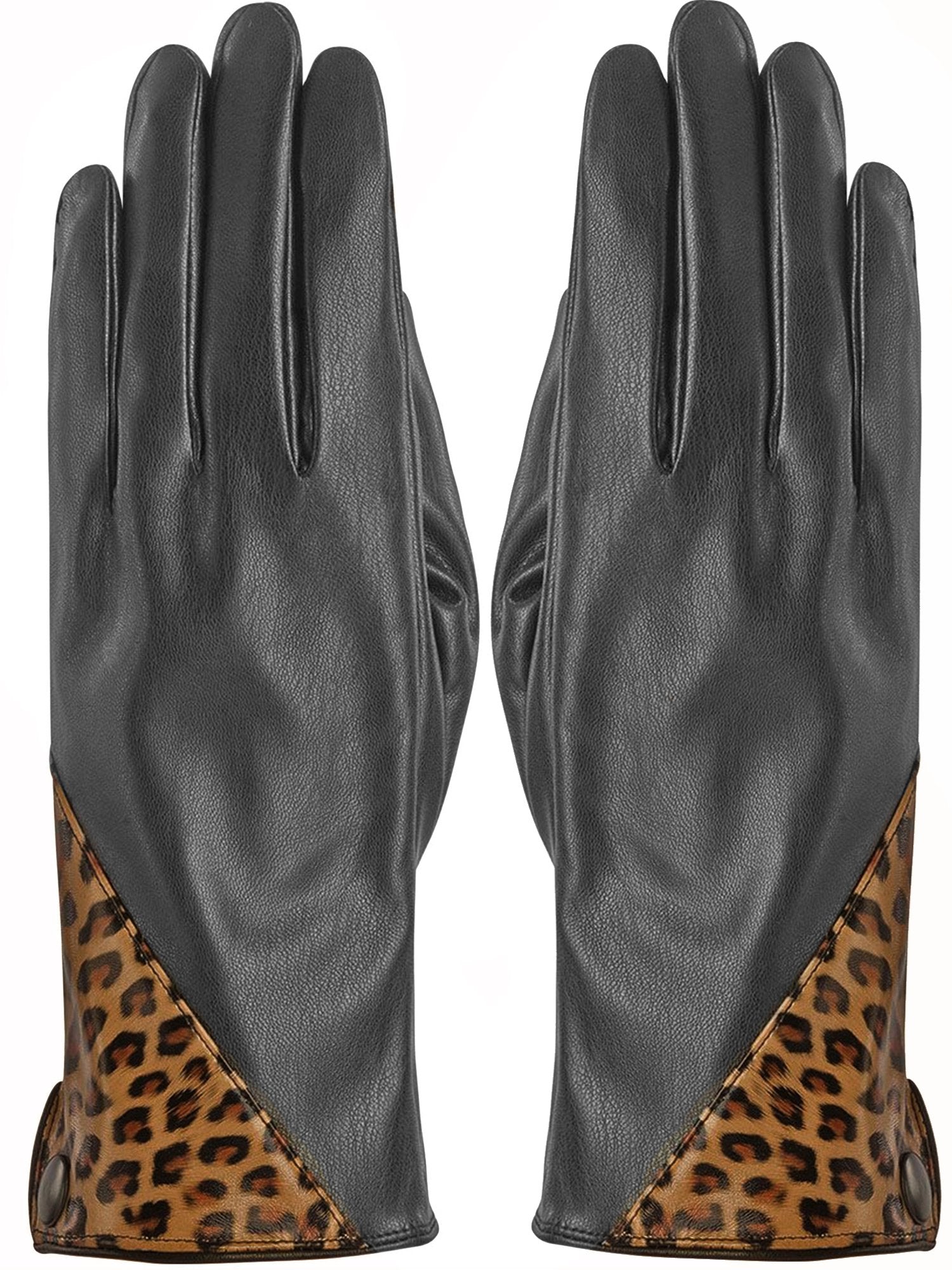 Black Vegan Leather Gloves With Leopard Print Accent