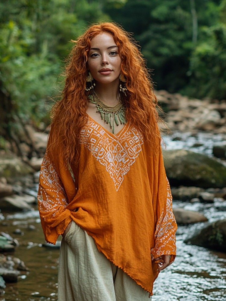 Bohemian Tribal Embroidery Print Cotton And Linen Blend Loose Blouse