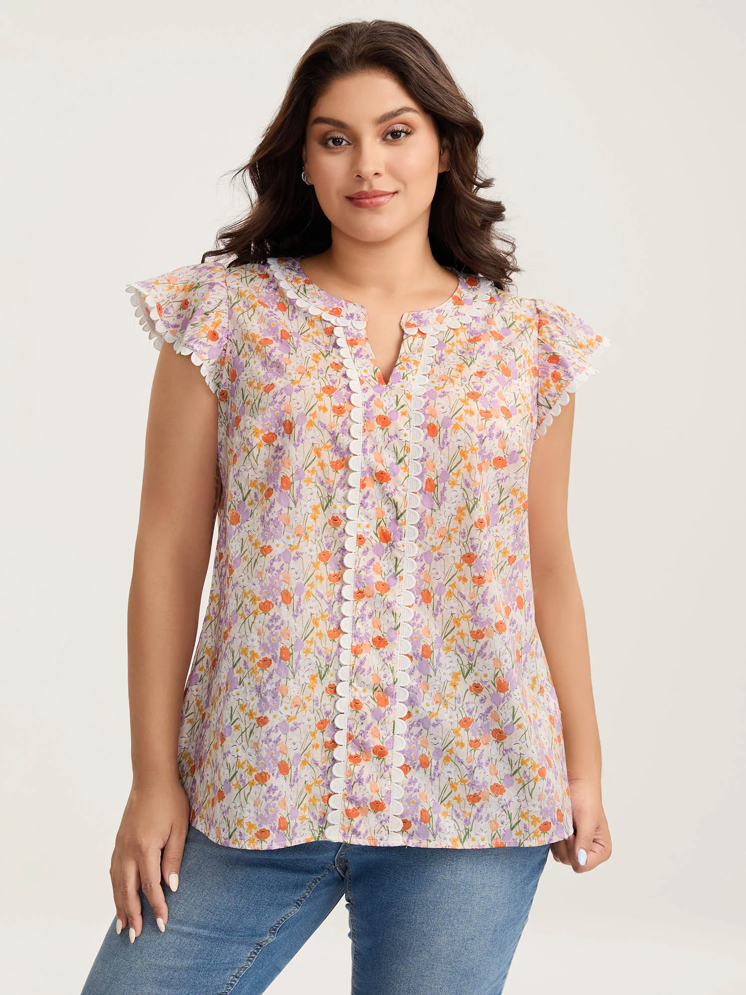 Cotton Floral Print Lace Trim Notched Blouse
