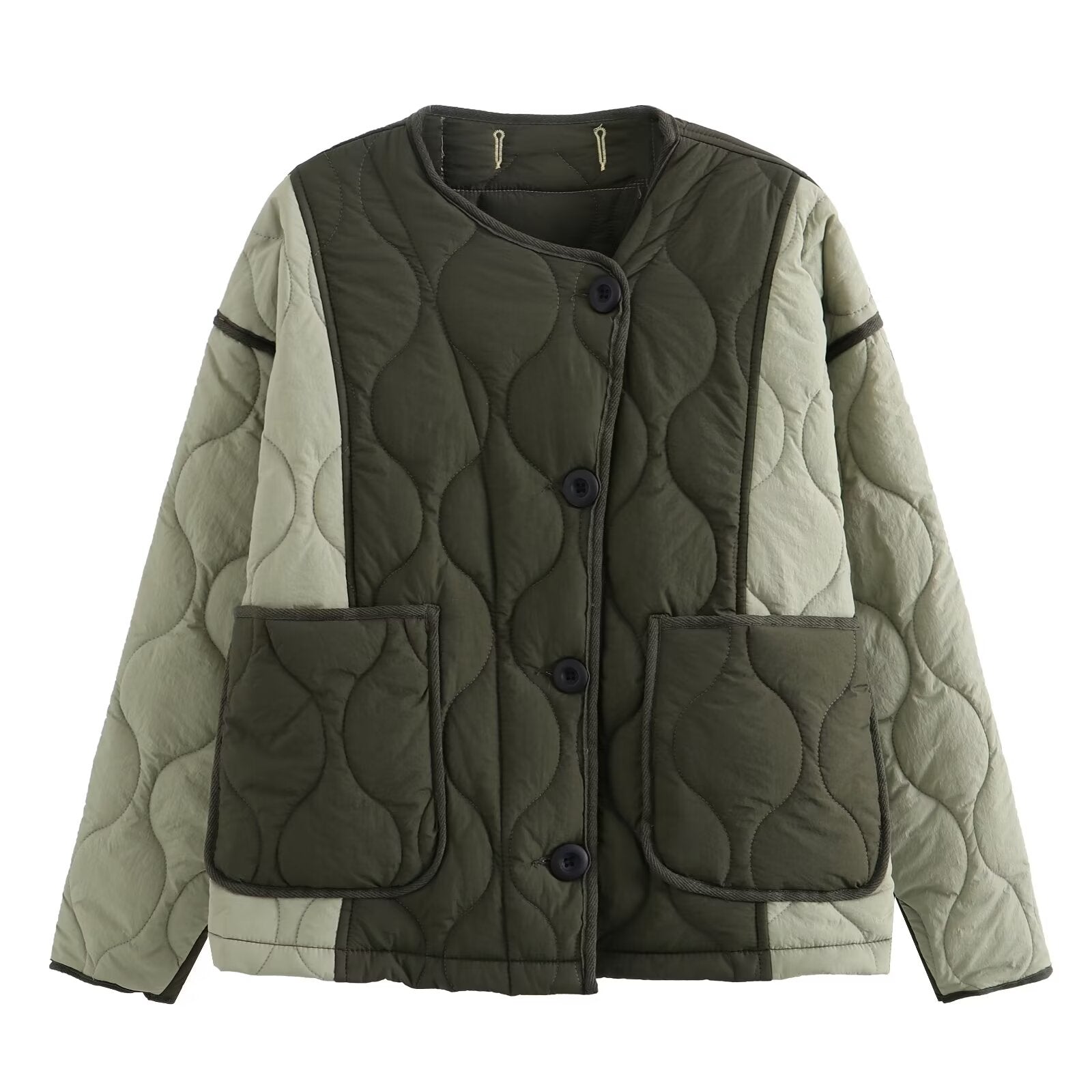 Winter Loose Slimming Color Block Crew Neck Double Pocket Cotton Jacket Women