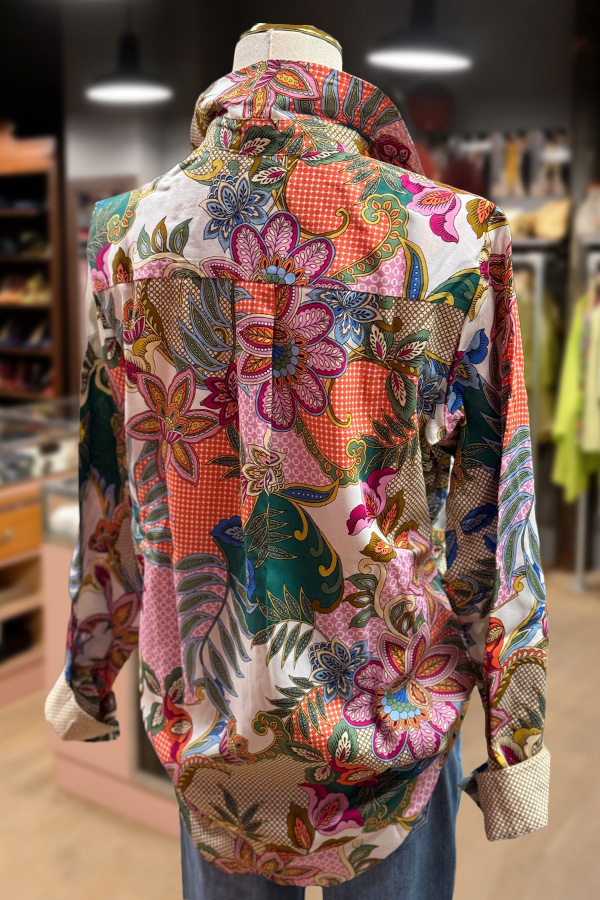 Multi Floral Print Collared Long Sleeve Blouse