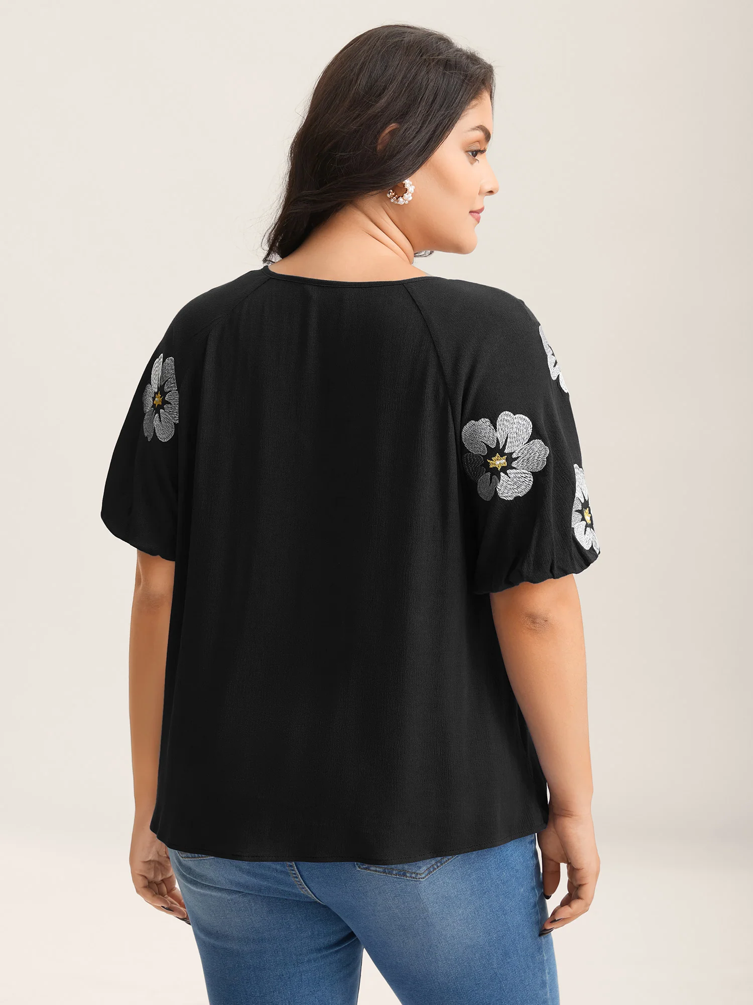 Floral Embroidery Textured Neck Tie Blouse