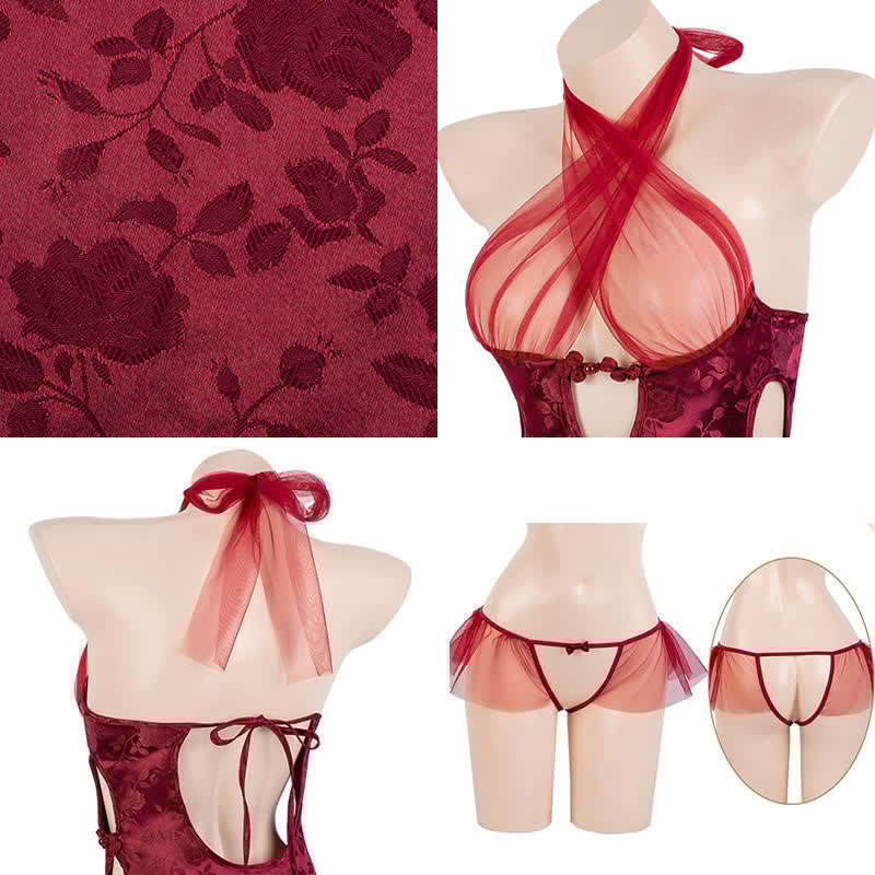 Vintage Halter Hollow Out Tulle Lingerie Cheongsam Dress