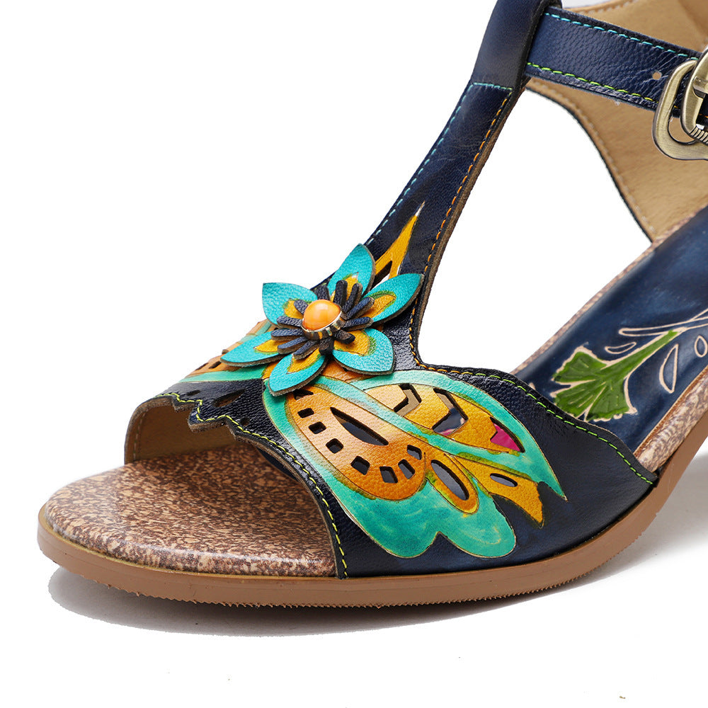 Retro Genuine Leather High Heel Sandals with Rainbow Wine Glass Heel