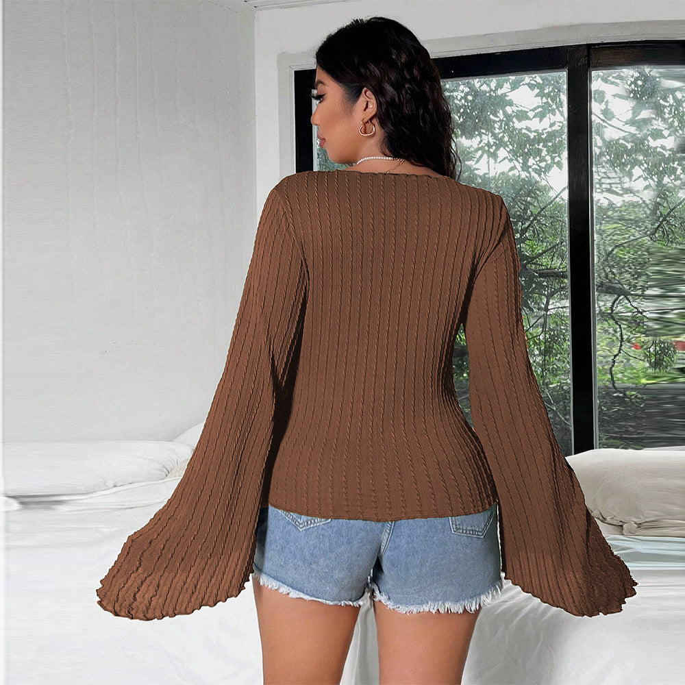 Plus Size Women Sexy Sweet Spicy V neck T shirt Autumn Winter Bell Sleeve Slim Fit Tied Cardigan Top