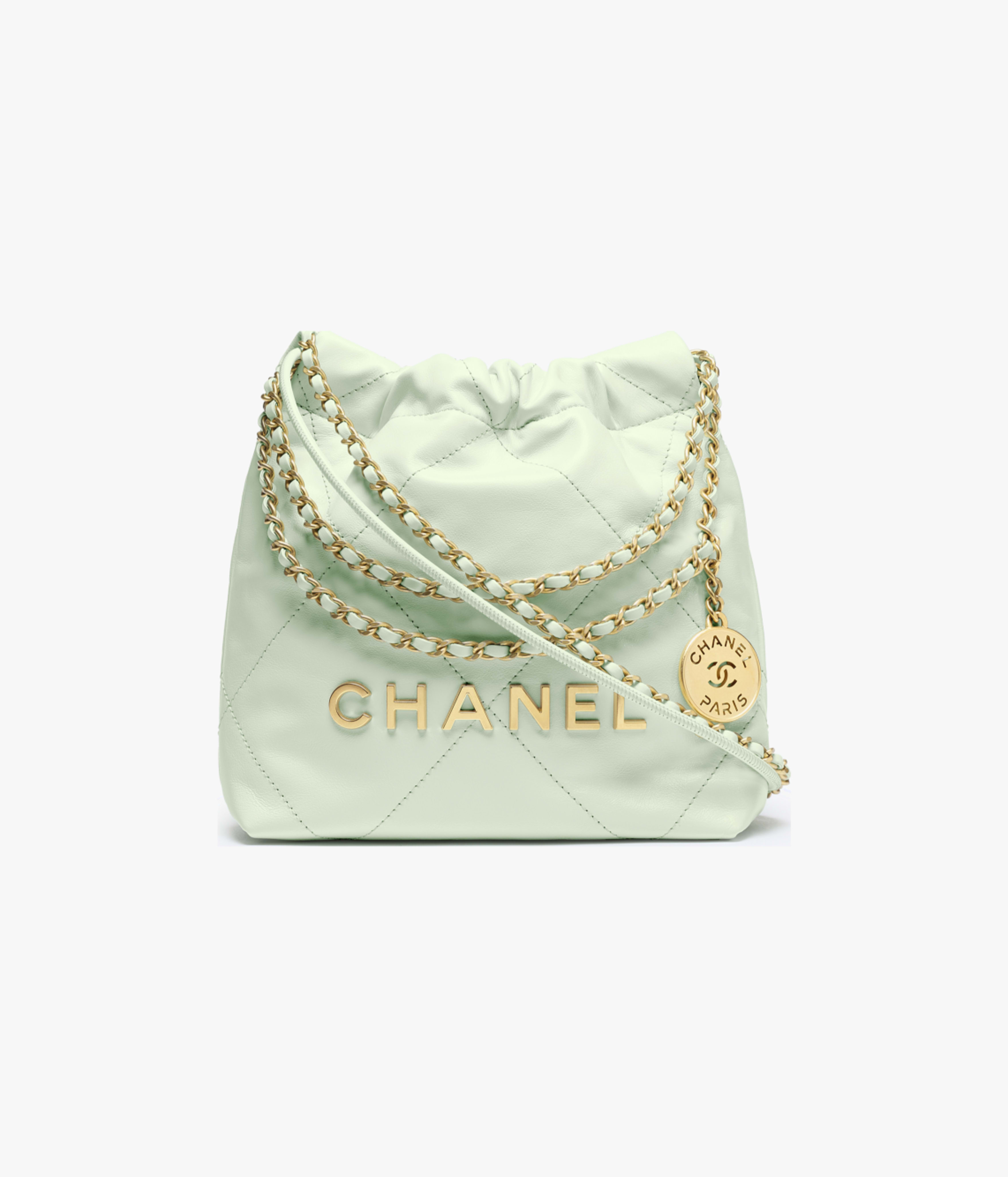 CHANEL 22 Mini Handbag Shiny Calfskin & Gold-Tone Metal Light Green AS3980-B19059-NAGER