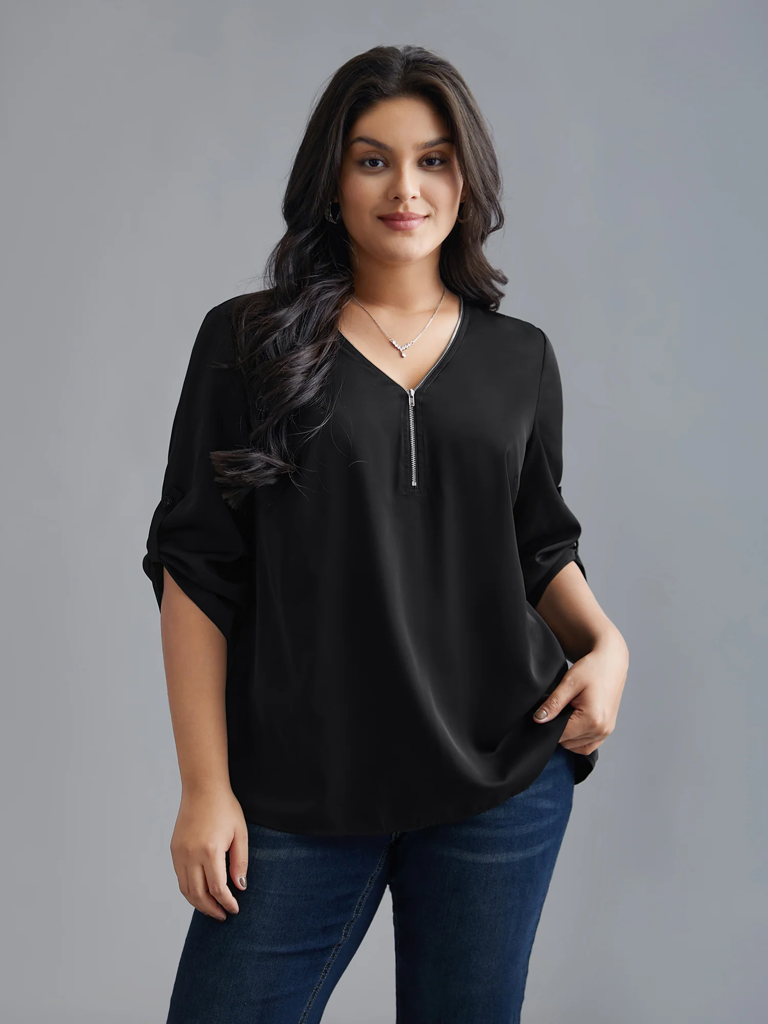 Plain V Neck Half Zip Tab Sleeve Blouse