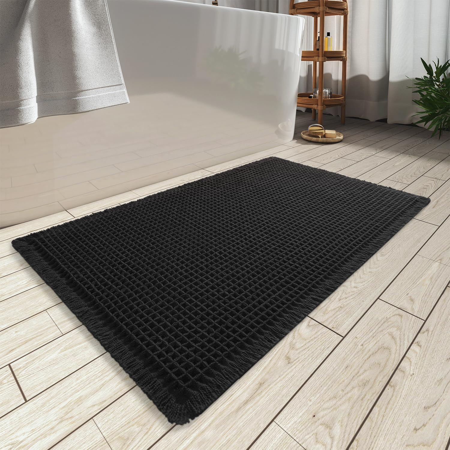 Upgraded Waffle Bath Mat, Machine Washable Bathroom Rugs with Tassels, Rubber Backed Bathroom Mats, Ultra Soft