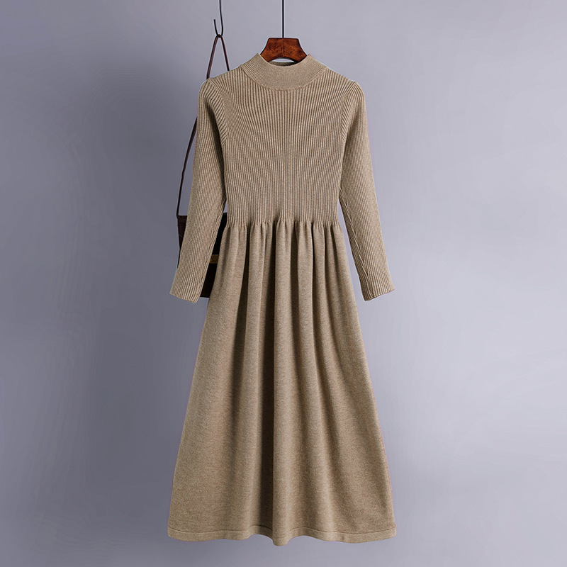Autumn and winter half-high collar large pendulum long style knitted dress waist show thin long sleeve simple temperament sweater bottom skirt woman