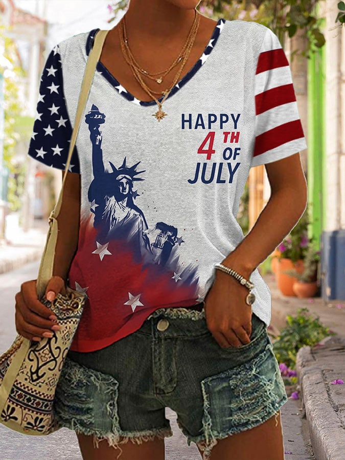 Women'S Casual 4th of July Independence Day USA Flag And Statue Of Liberty Pattern Short-Sleeved T-Shirt