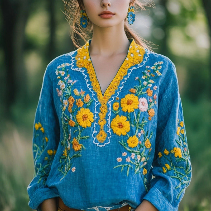 Vintage Floral Embroidered Linen Blend Cozy Tunic
