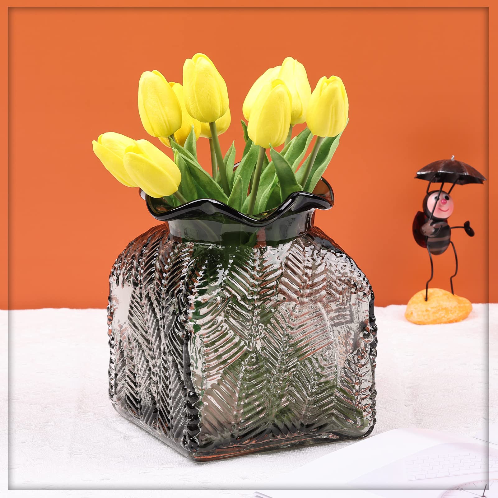 Gray Glass Flower Vase, Crystal Money Bag Vase for Modern Fashion Flower Home Decoration