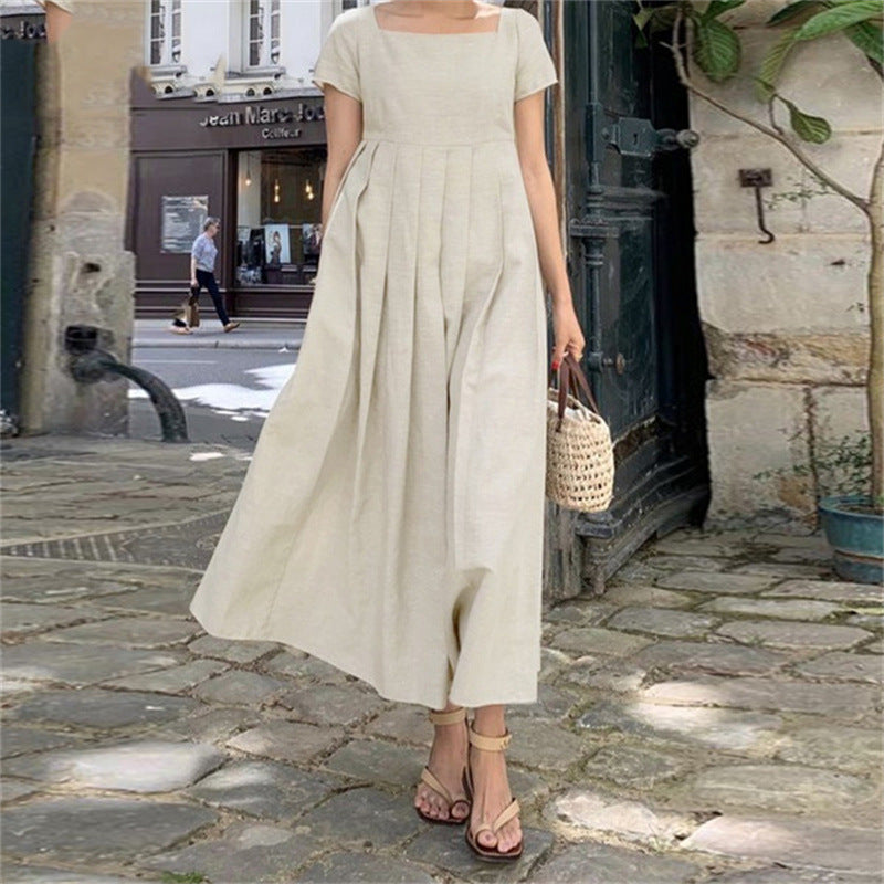 Cotton And Linen Dress Large Swing Short Sleeve Square Collar Elegant