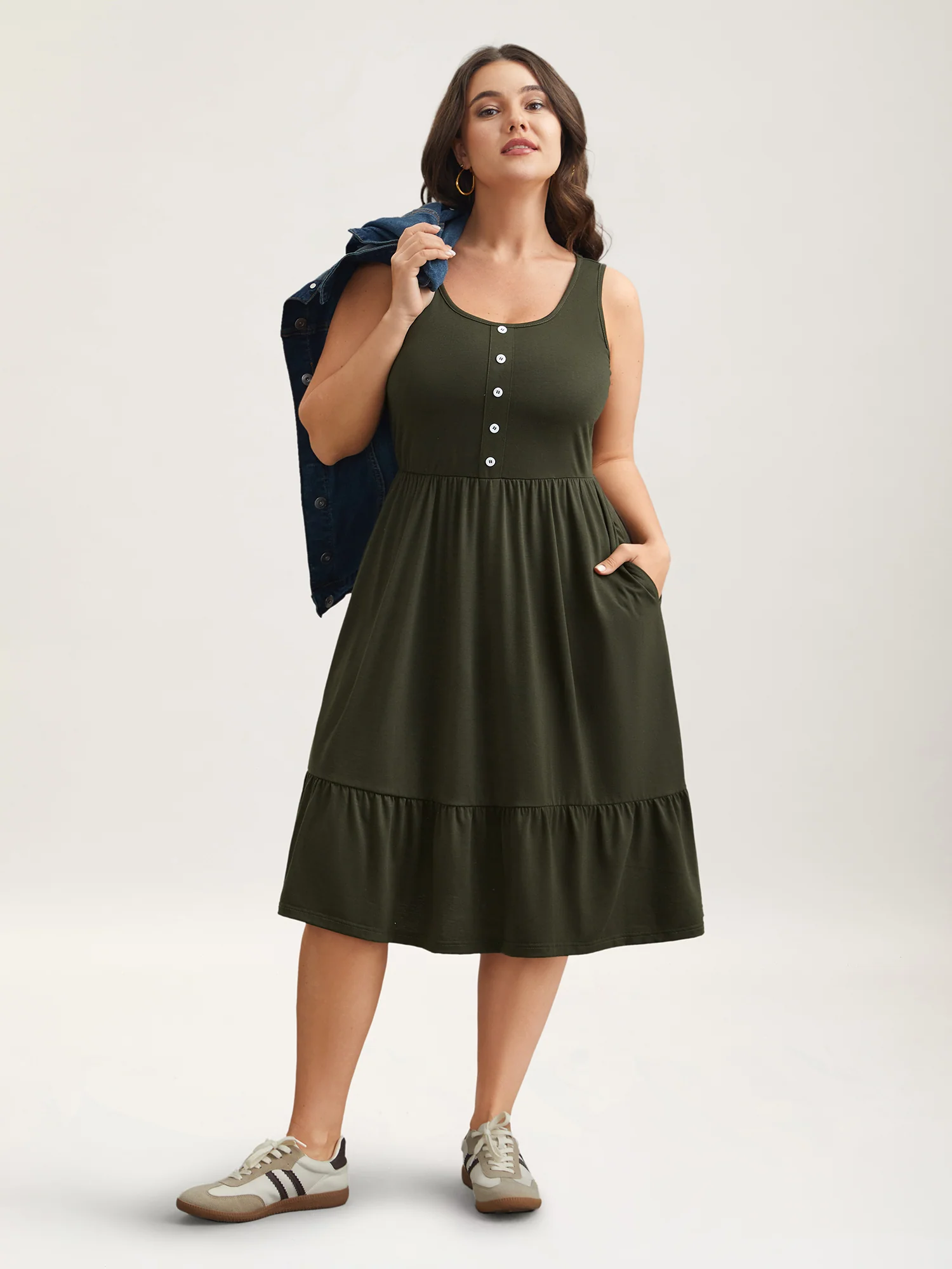 Supersoft Stretchy Waist Pockets Midi Dress