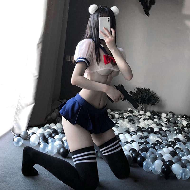 Uniform Sailor Collar Bow Stripe Lingerie Skirt Set