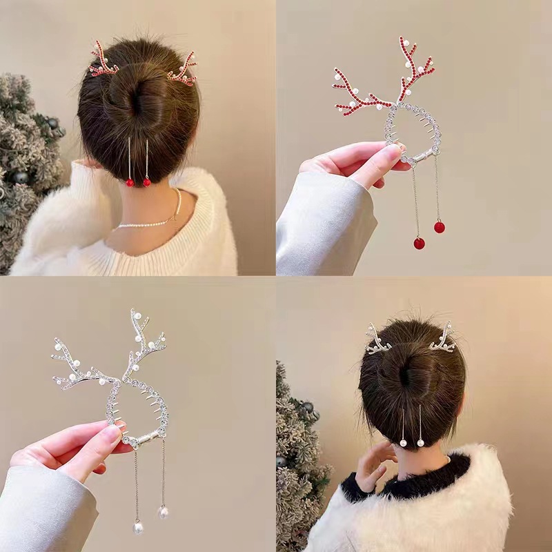 ✨🦌 Sparkling Reindeer Antler Hair Clips with Pearls – Festive Holiday Hair Accessories