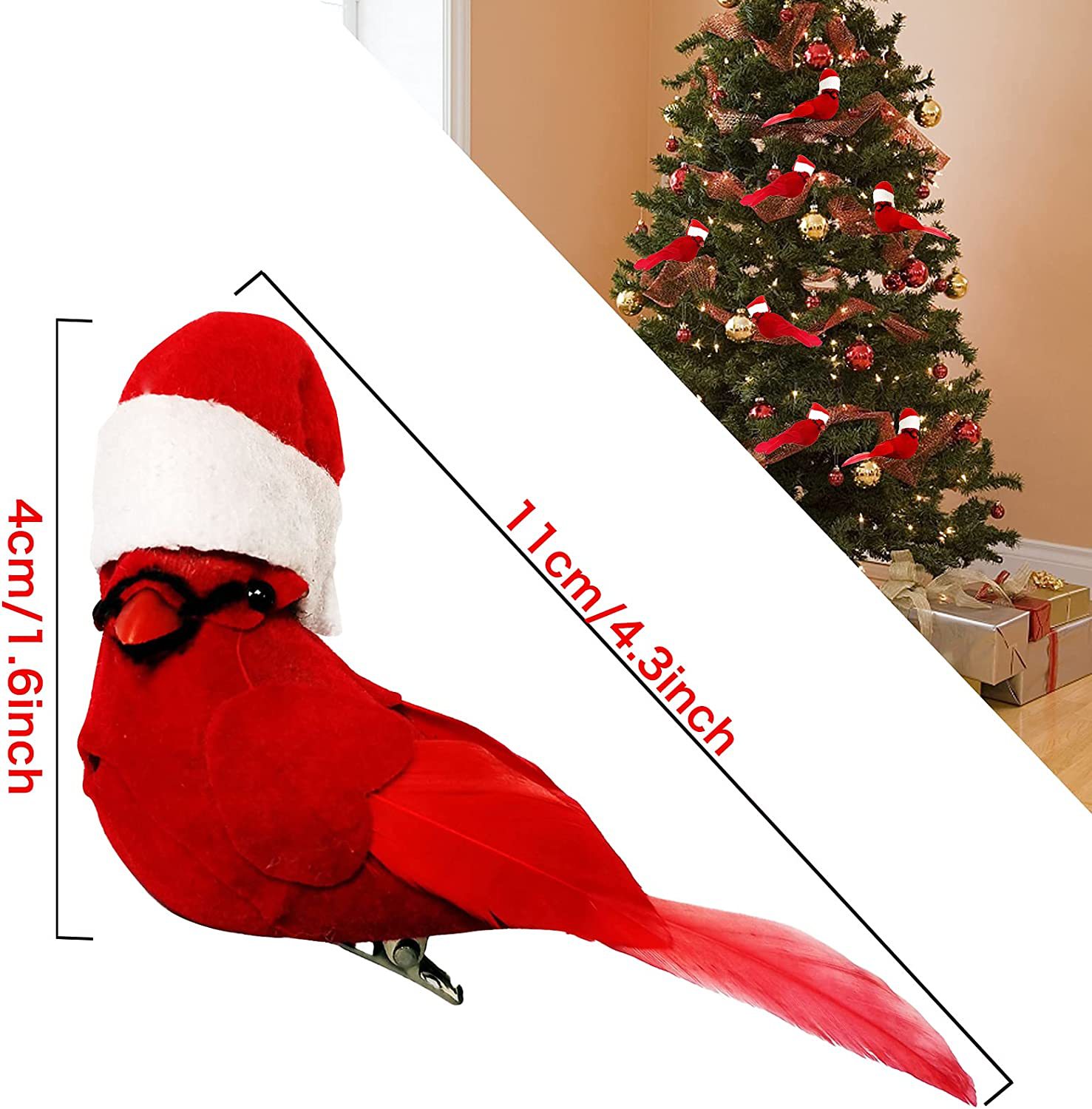 🐦🐦Christmas decoration red feather fake bird (with clip)