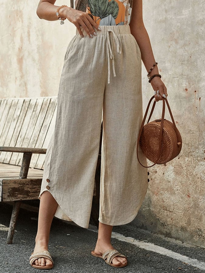 Casual Elegant Cotton And Linen Lace-Up With Pockets Irregular Cropped Pants
