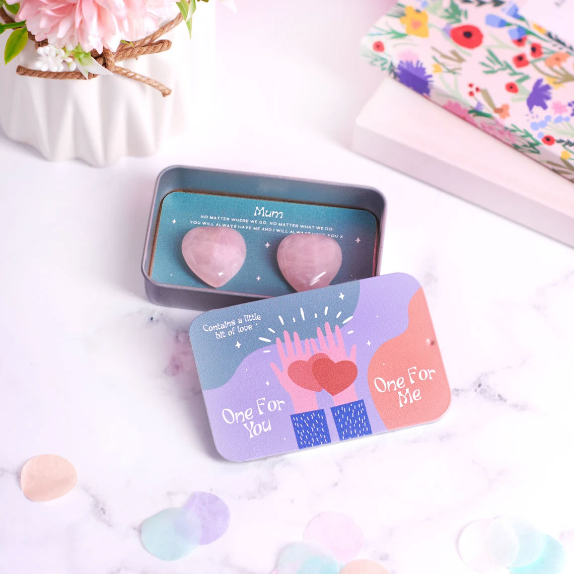 Mother and Daughter Rose Quartz in a Tin - Pocket Love Heart Crystals Gift Set