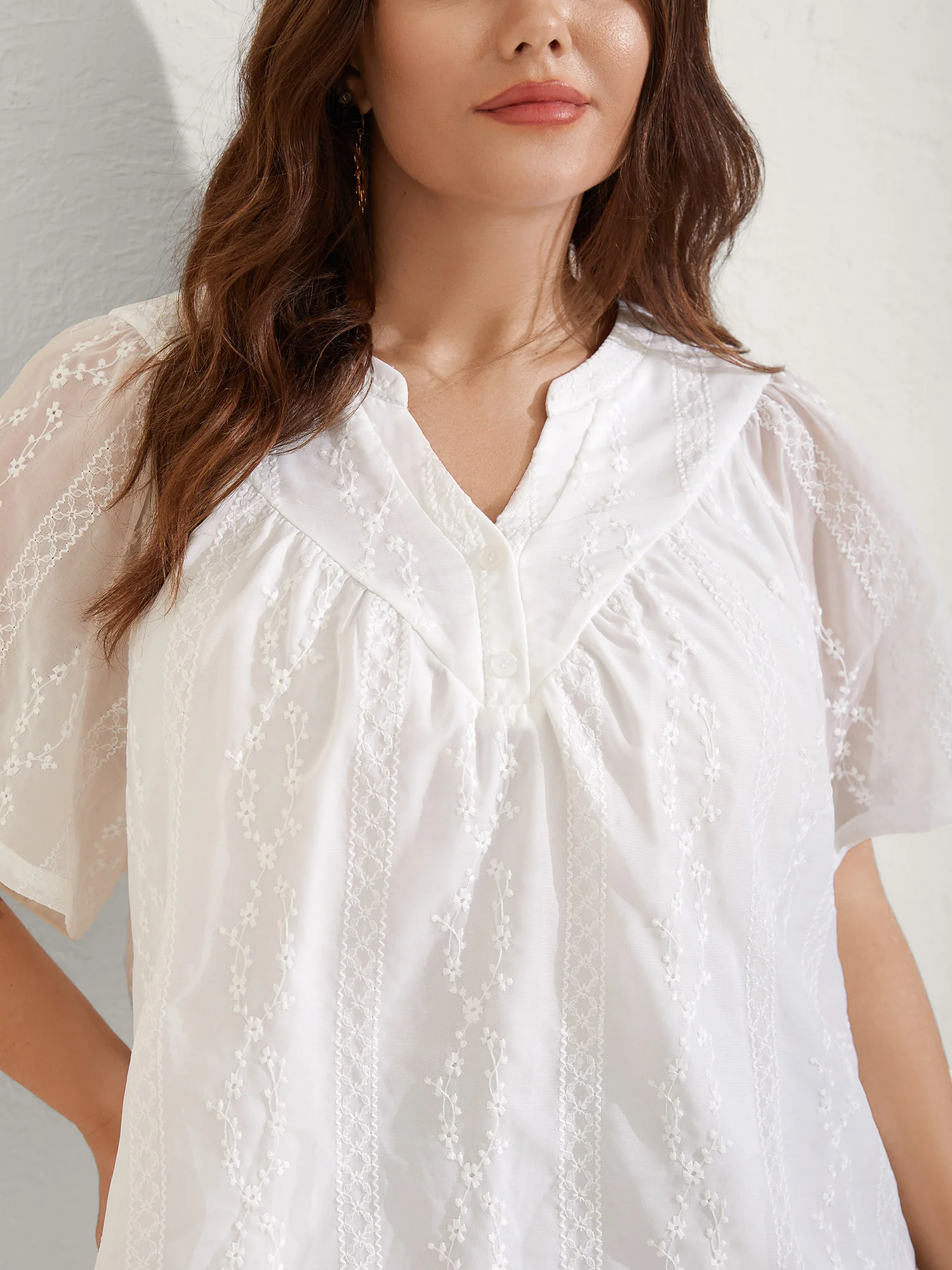Embroidered Notched Collar Sheer Blouse