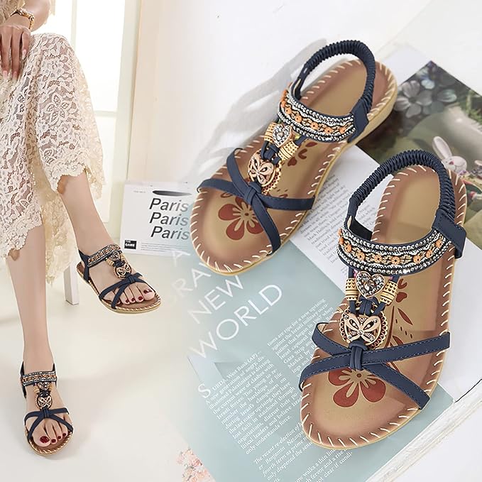 👣Women's rhinestone butterfly flat sandals, bohemian style open toe elastic summer sandals