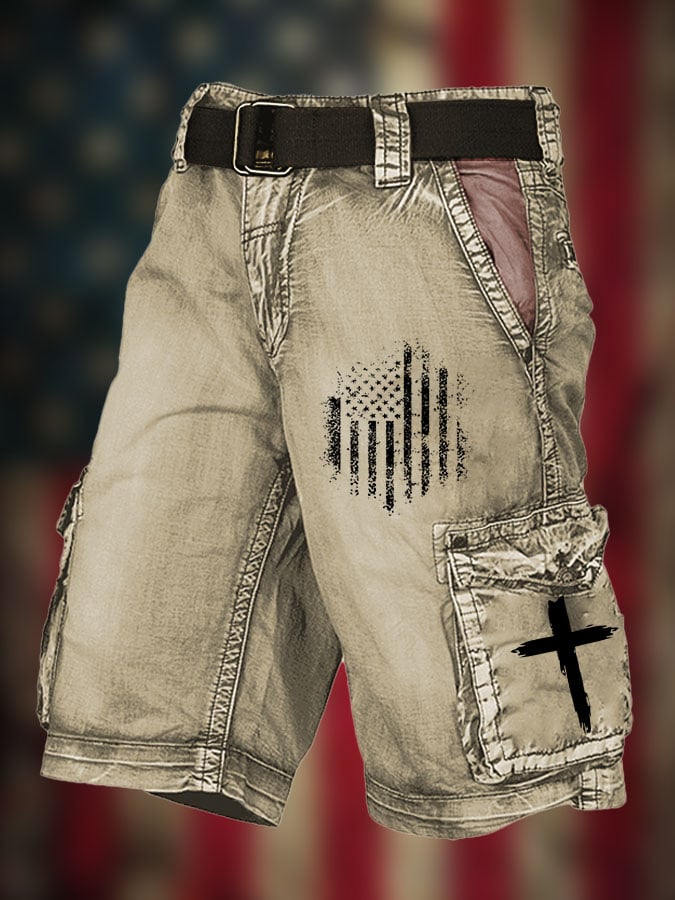 Men's Flag Cross Print Pocket Cargo Shorts