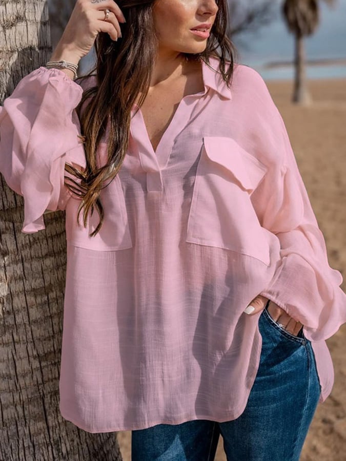 Women's Solid Color V-Neck Ruffled Sleeve Design Casual Cotton And Linen Shirt