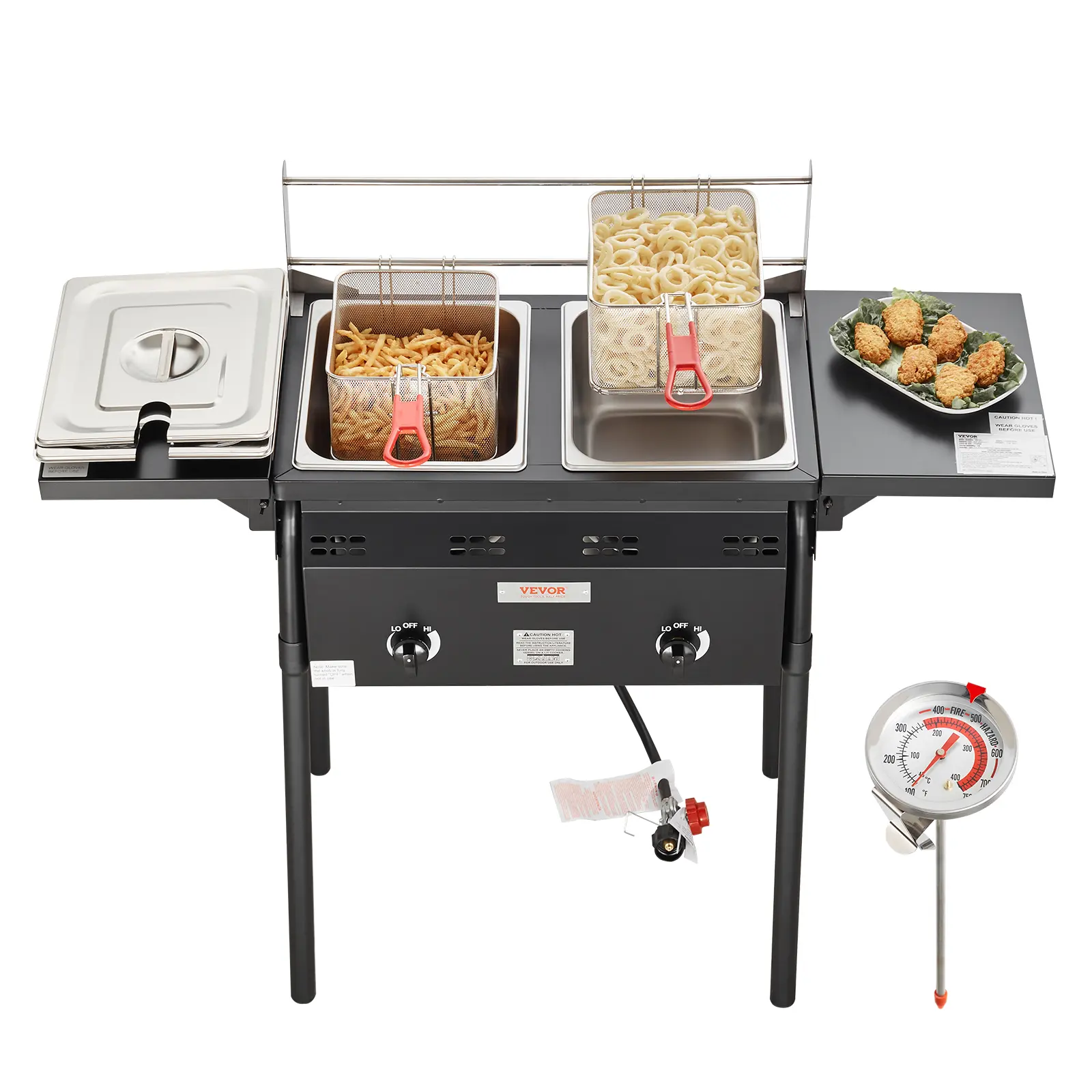 Outdoor Propane Deep Fryer,  Double Burners Commercial Fryer, 16 Qt Stainless Steel Cooker with Removable Baskets & Lids & Tanks, Oil Fryer Cart with Thermometer & Regulator, For Outdoor Cooking