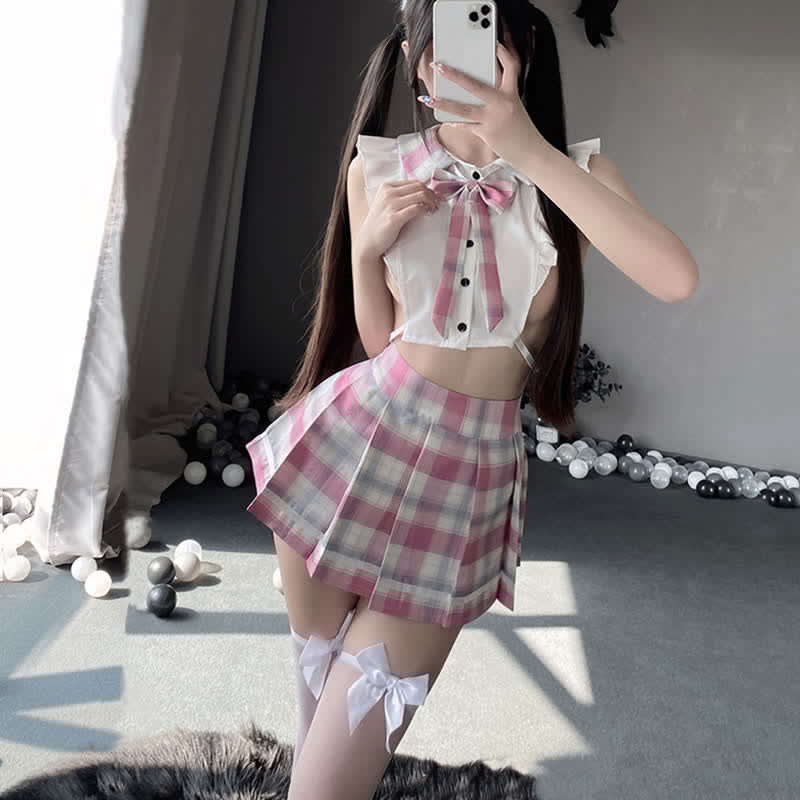 Plaid JK Uniform Hollow Out Sexy Lingerie Stockings Set