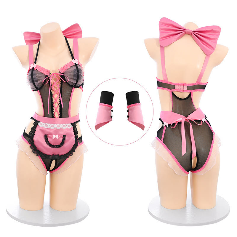 Maid See-through Bow Backless Jumpsuit Lingerie Set