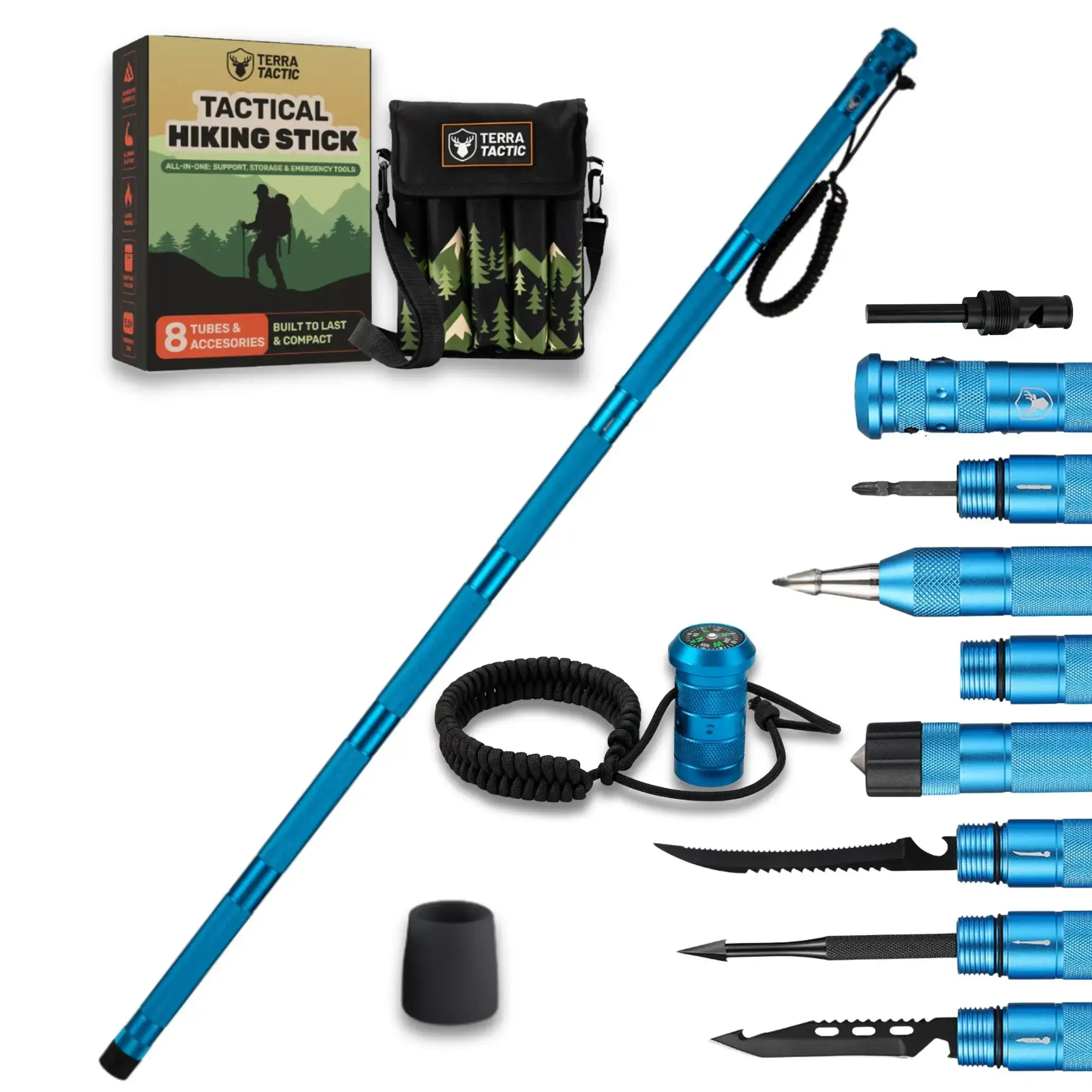Survival Hiking Stick - Adjustable Trekking Pole with Built-in Outdoor Emergency Tools for Camping and Hiking