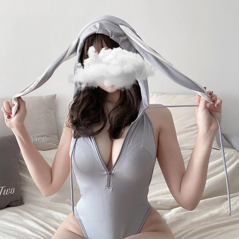 Bunny Ears Zipper Hooded Lingerie Set