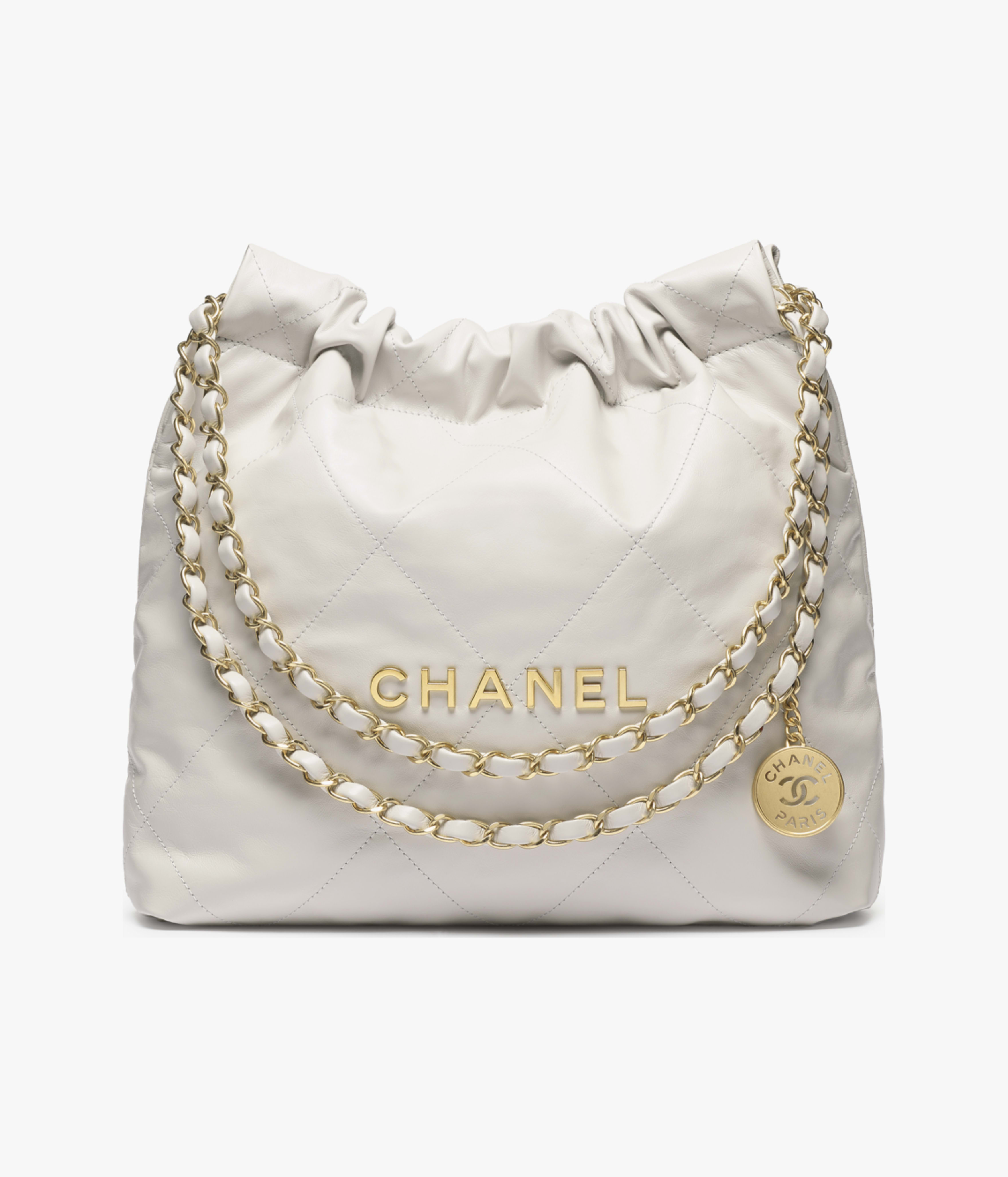 CHANEL 22 Small Handbag Shiny Calfskin & Gold-Tone Metal Light Gray AS3260-B19059-NAAUH