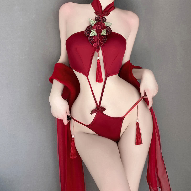Han Costume Flower Embroidery Tassel Hollow Out Sexy Lingerie Set