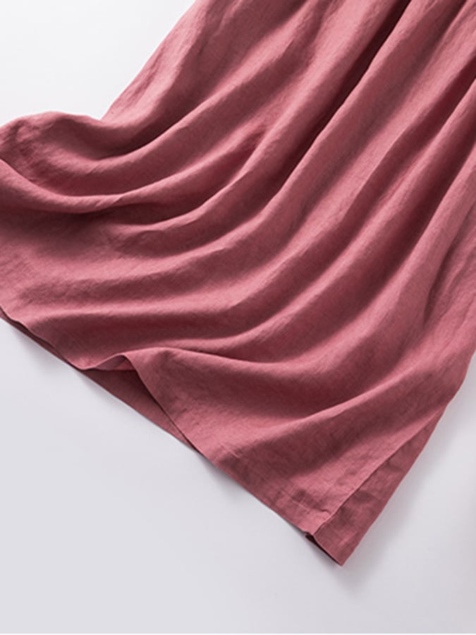 Women's Solid Color Short-Sleeved Shirt Collar Artistic Retro Cotton And Linen Casual Dress