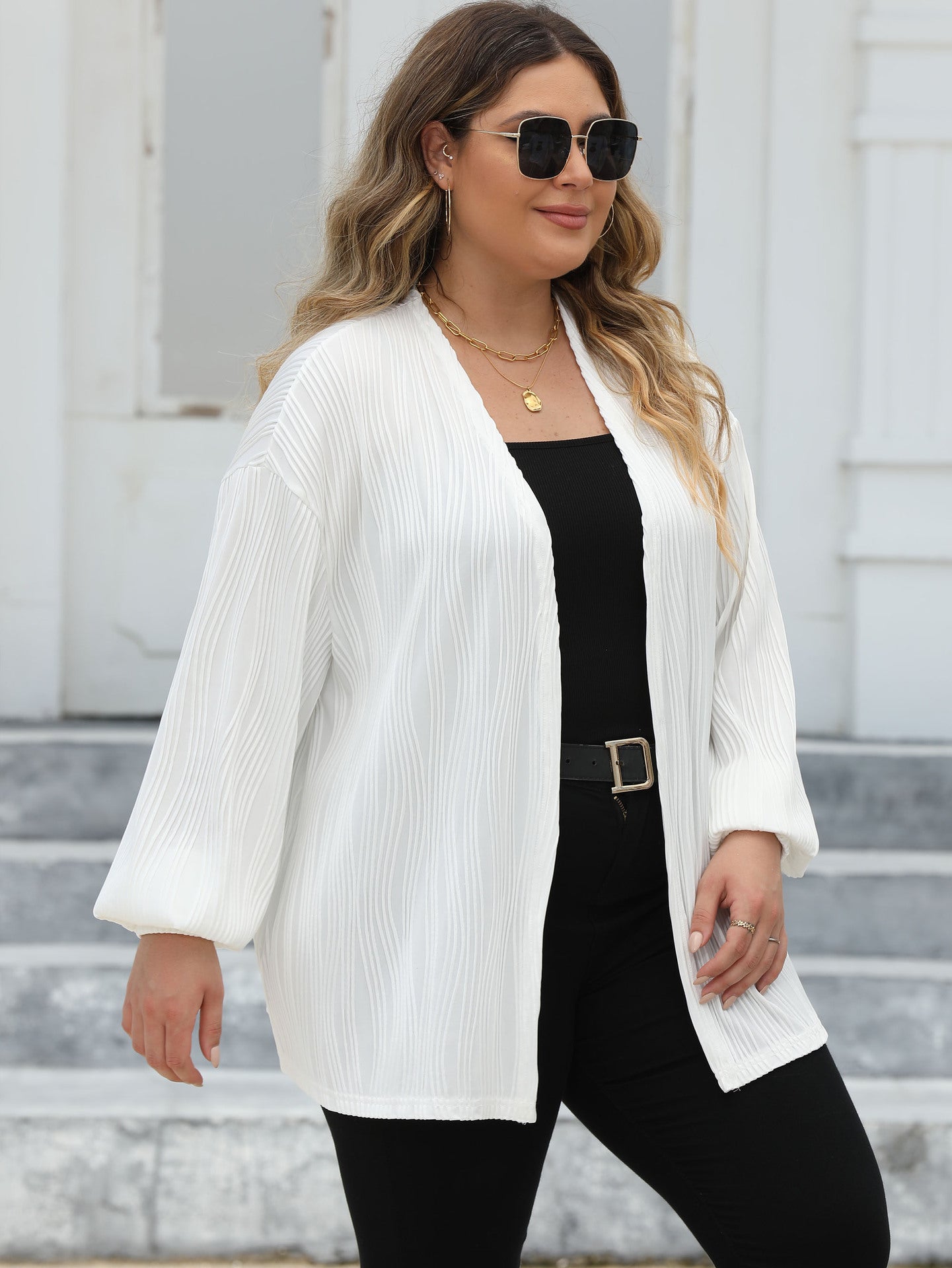 Plus Size Women Cardigan Women Wave Striped Casual Loose Jacket Comfortable Top Lantern Sleeve Air Conditioning Shirt