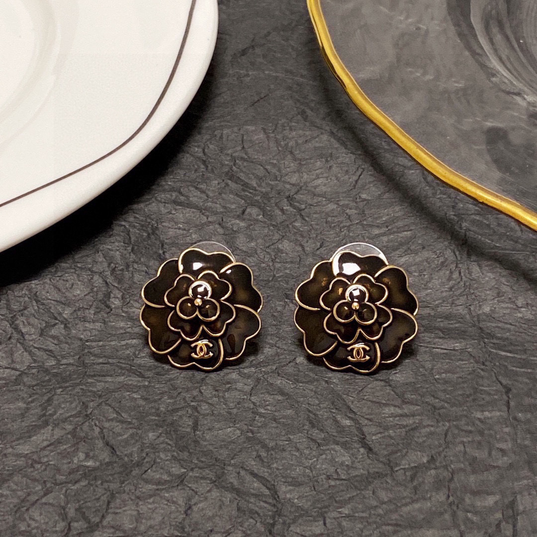 Chanel Black and White Camellia Earrings