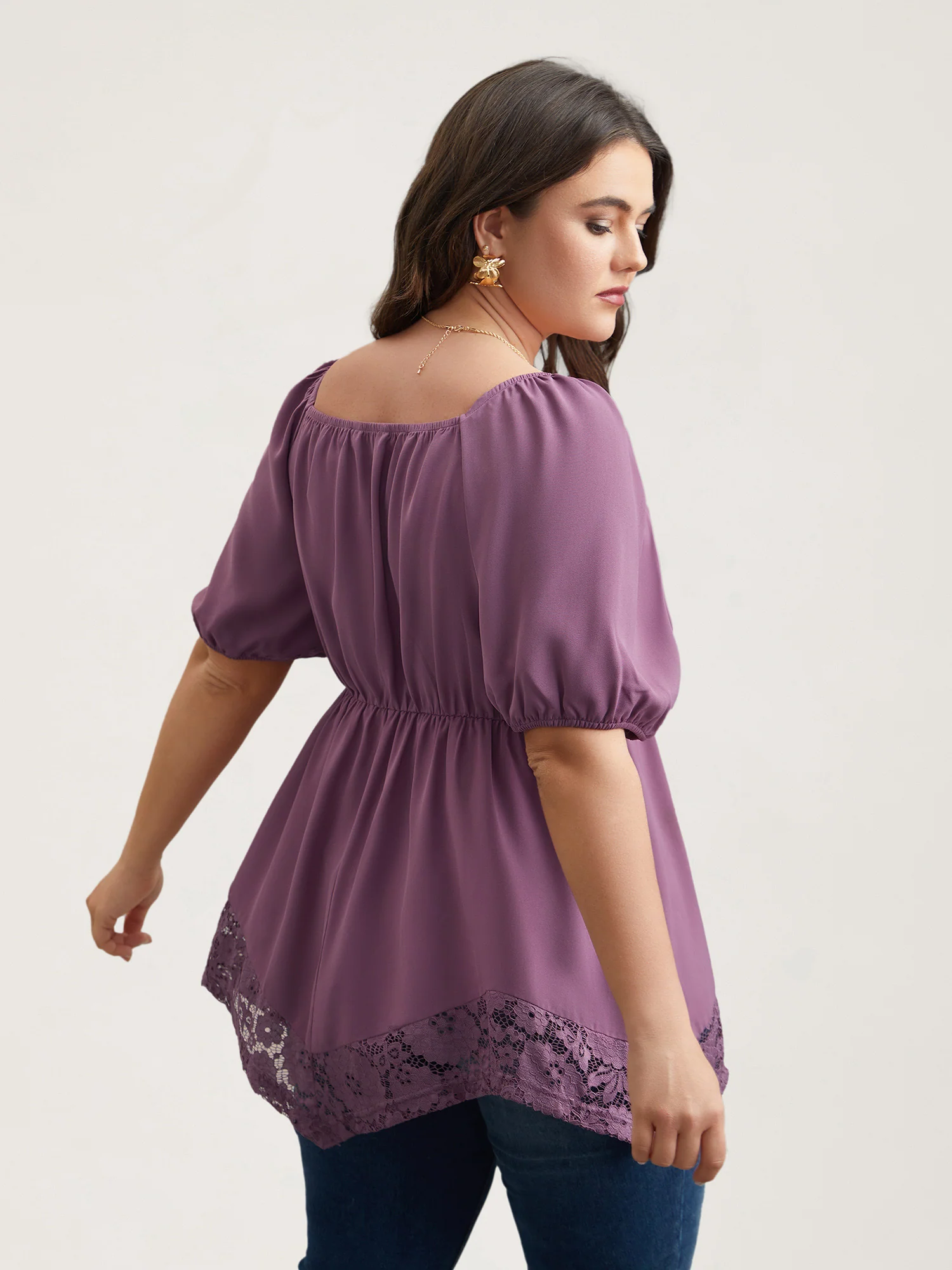 Sweetheart Neck Lace High-Low Hem Shirt