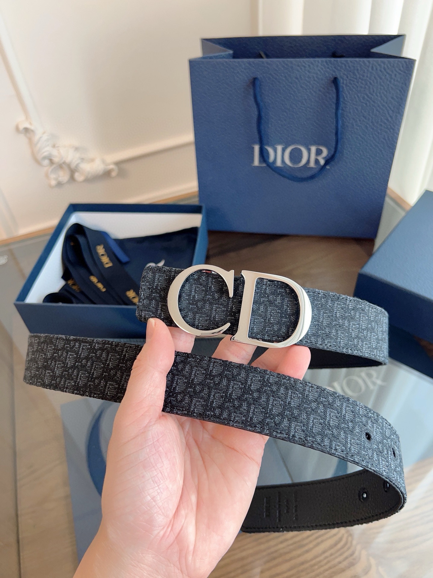 Dior Oblique Blue Cloth Black Cowhide Leather Strap 3.5cm Wide