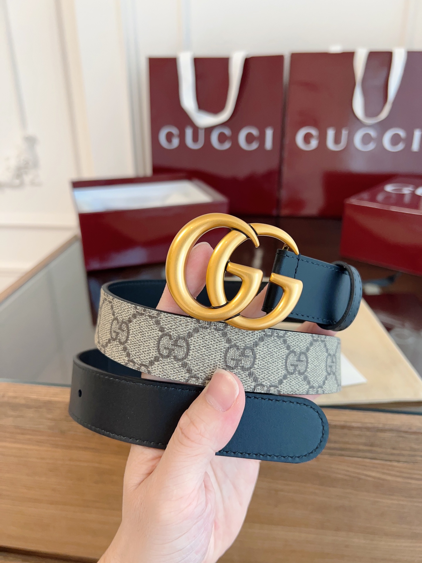 Gucci Double G steel buckle women's cowhide double-sided belt 3.0cm wide