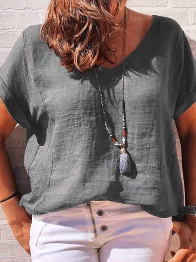 Women's Casual Solid V-neck Cotton Linen Short Sleeve T-shirt
