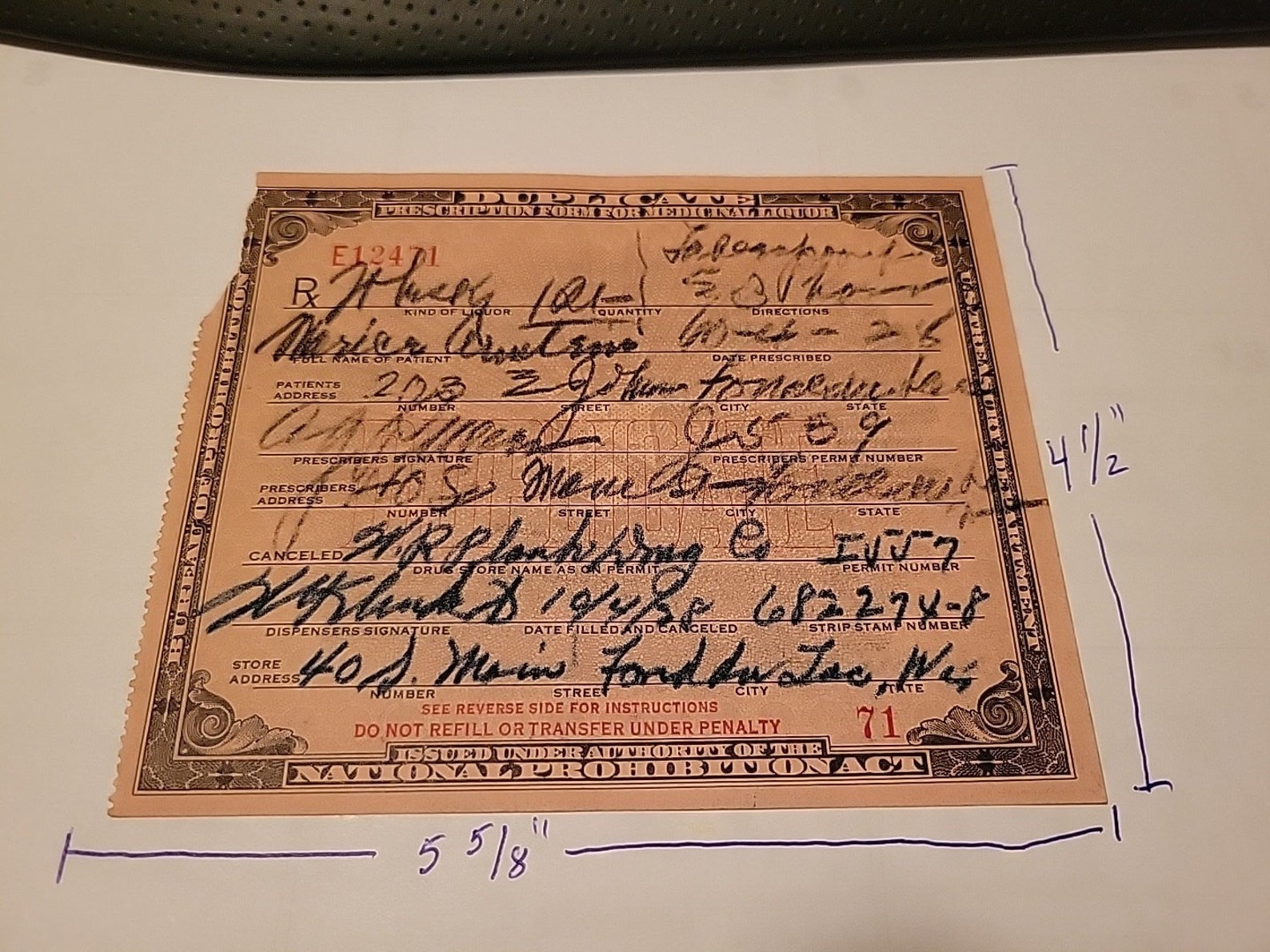 Prohibition Era Original 1929 Prescription Form Medicinal Liquor WI