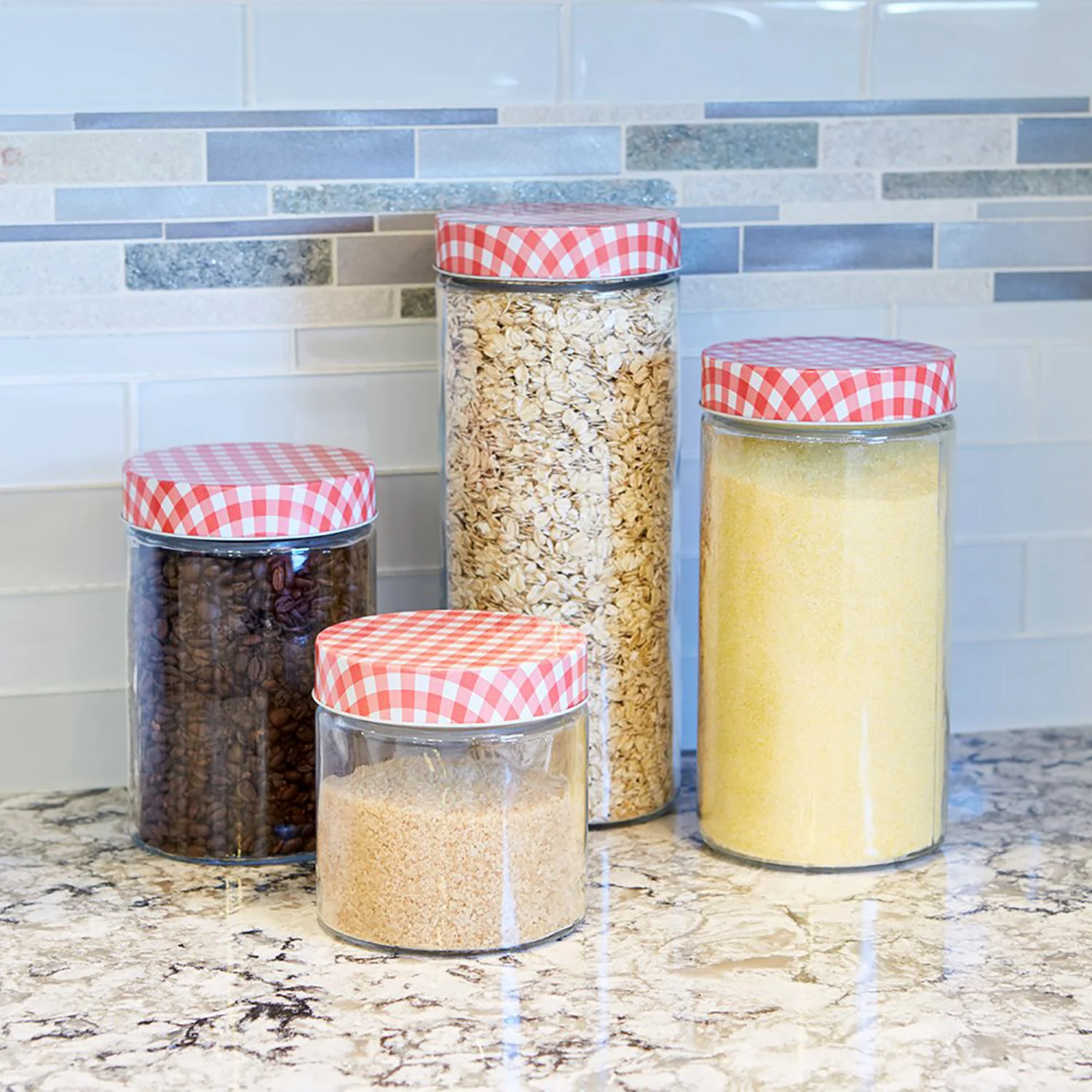 Anchor Hocking 4-Piece Glass Cylinder Jar Set with Gingham Lids, Clear-Red