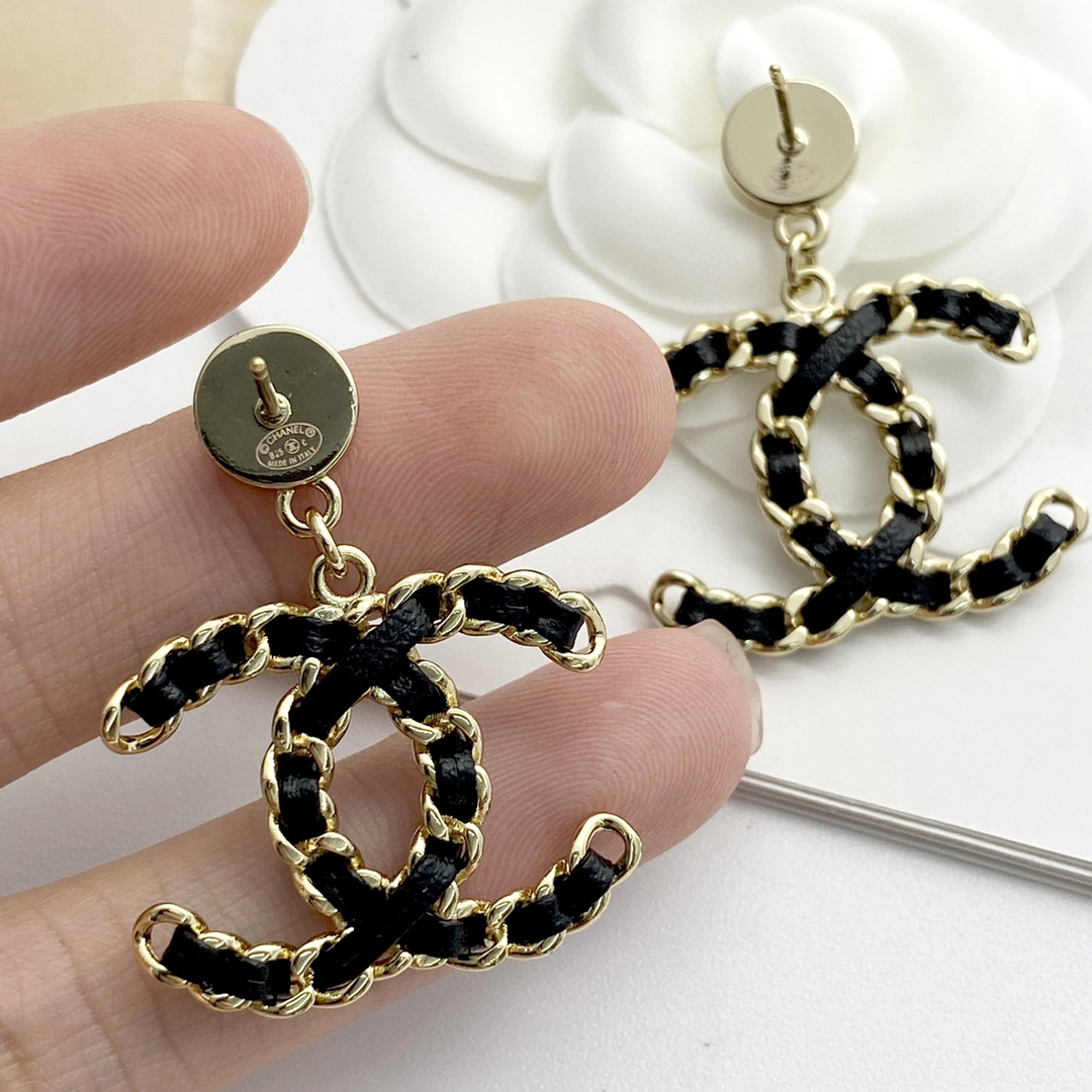 CHAN 24 button pendant leather double c earrings