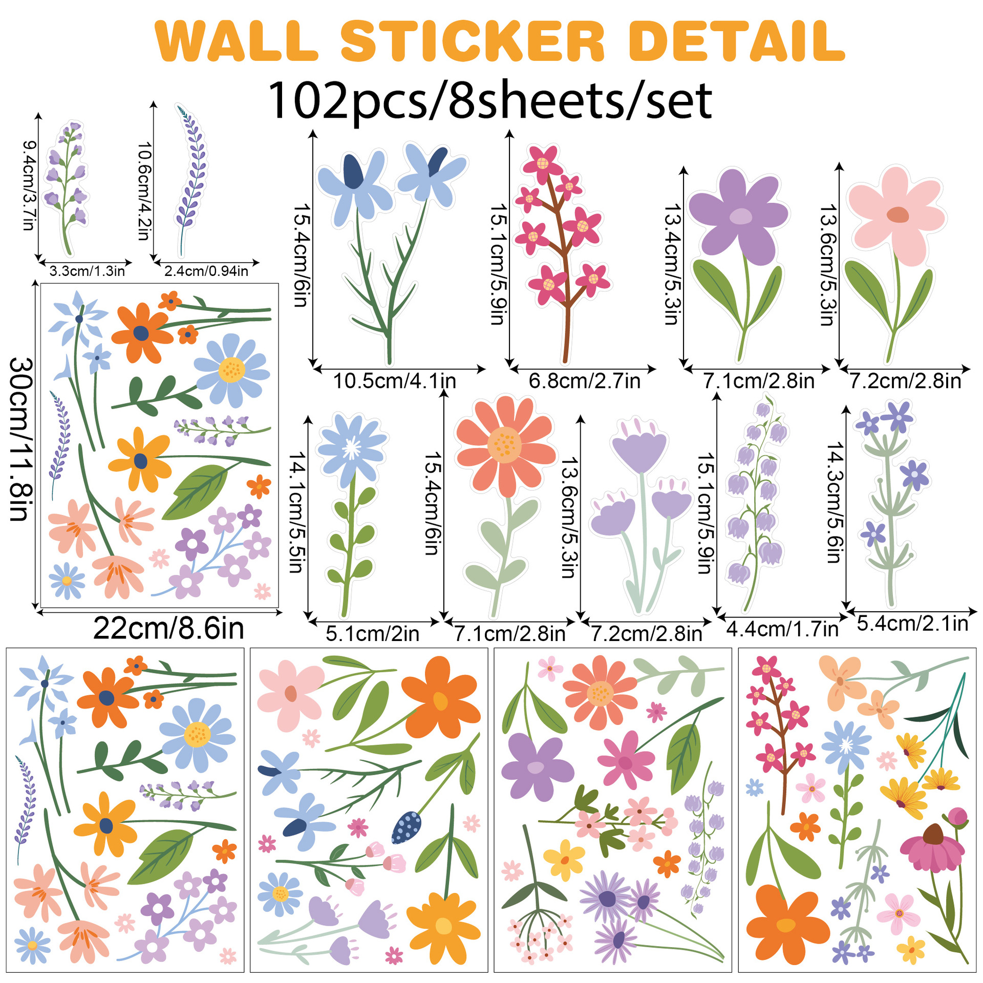 🔥ON SALE🔥102 Pcs/8 Sheets Boho Flower Wall Decals丨Watercolor Flower Wall Art 丨Wildflower Wall Decals